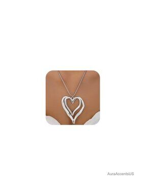 Chunky Double Big Heart Pendant Necklace Statement Retro Y2K Layered
